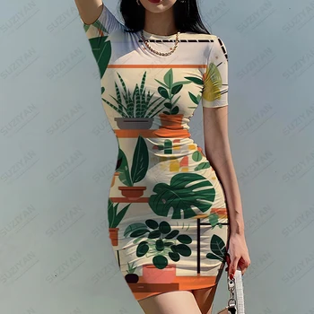 Горшечное 3D-печатное платье летом Платье с короткими рукавами Тонкое тонкое платье Женское модное платье Платья в стиле Харадзюку