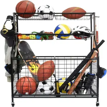 Органайзер для спортивного инвентаря, Хранение спортивного снаряжения для баскетбола с корзинами и крючками, Стойка для хранения мяча, Гараж для хранения мячей, Спорт