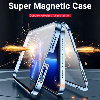 Металлическая рамка Двусторонний стеклянный магнитный чехол для телефона для iPhone 15 14 13 12 Pro Max X XS 8 7 14 Plus SE 2020 Крышка объектива камеры