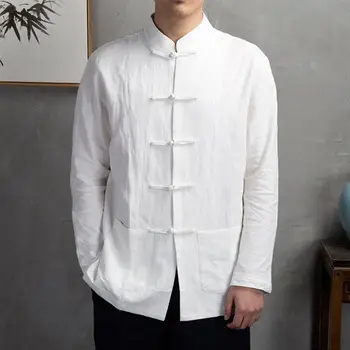 Китайский стиль Рубашка Топ Традиционный китайский стиль Мужская рубашка с мандариновым воротником и длинными рукавами Карманы Классическое кунг-фу Тайцзицюань