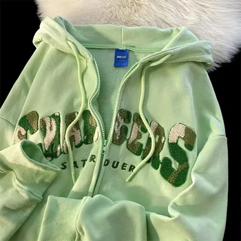 Американские толстовки на молнии в стиле ретро Y2k Зеленый флокирование Вышивка Новые Kpop Толстовки Пуловеры с длинным рукавом Harajuku Одежда Топы