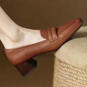 Женская обувь бесплатная доставка предлагает коровью кожу толщиной 4,5 см med hee квадратный носок слипоны в стиле OL мягкие удобные туфли на каблуке