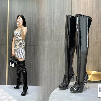 2022 новый стиль женские сапоги выше колена сапоги лакированная кожа резинка с острым носком низкий каблук 10 см большой размер высокие сапоги