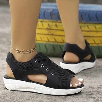 Лето Женщины Sandales Модная обувь Повседневная плоская Peep Toe Контрастный вырез на шнуровке Маффин Сандалии на платформе Спортивные сандалии