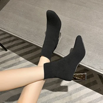 Блестящий горный хрусталь 7 см высокий каблук эластичная ткань сапоги для женщин 2021 зимний квадратный каблук лодыжки круглый носок на шнуровке современная обувь