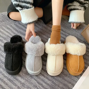 2024 Зимние меховые снежные тапочки Женщины Корейские простые тапочки на платформе Длинные плюшевые теплые мягкие крытые туфли с толстой подошвой Обувь Cotten