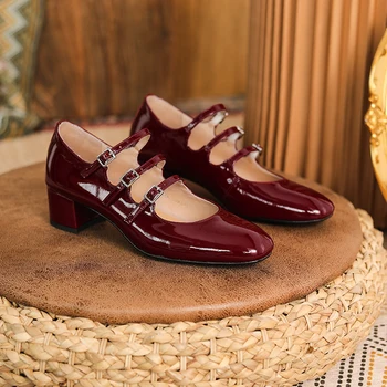 Женские туфли-лодочки Натуральная кожа Корова Лакированная кожа Верхний квадратный носок Мэри Джейн Обувь Женщина Полностью кожаная обувь Обувь для женщин