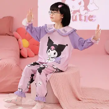 Sanrio Kawaii Hello Kitty Домашняя одежда Мультфильм Kuromi Kids Пижама с длинным рукавом из чистого хлопка Милые сладкие девочки Весенняя одежда Подарок