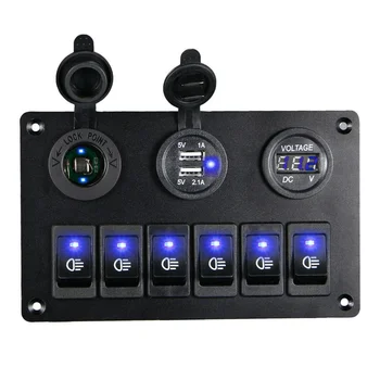  6 Gang Switch Panel с 12 В-24 В Светодиодный цифровой вольтметр Двойное USB-зарядное устройство Розетка прикуривателя для RV Truck Boat SUV