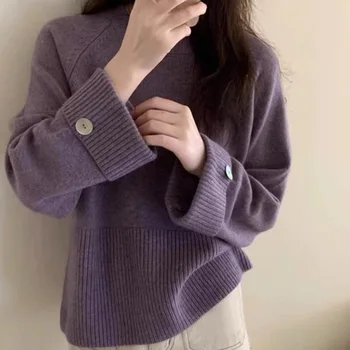 Трикотажный свитер с манжетами с круглым вырезом и пуговицами для женщин 2023 года осень / зима новый универсальный свитер в корейском стиле