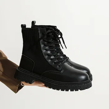 Мода 2023 Новый квадратный каблук на шнуровке Вязаные носки Сапоги Платформа Черные женские ботильоны Женские зимние теплые ботинки на толстой подошве