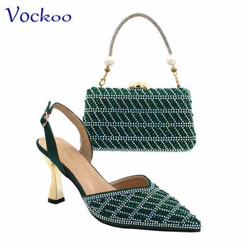 Зрелый стиль 2024 Новейшая итальянская обувь Подходящая сумка в зеленом цвете, украшенная стразами для свадебной вечеринки