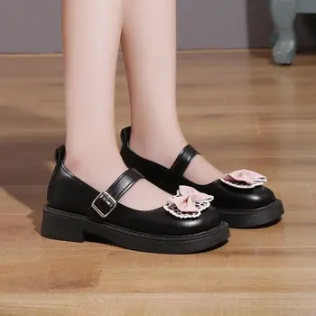 NEW Кожаная платформа Lolita Sweet Sandals Женская японская обувь Kawaii Смешанный цвет Круглый носок Повседневная вулканизированная обувь на плоской подошве