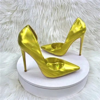 Классическая золотая обувь на высоком каблуке Женские туфли-лодочки 12 см Tacones Остроконечный носок Шпильки Femme Сексуальная свадебная обувь 45
